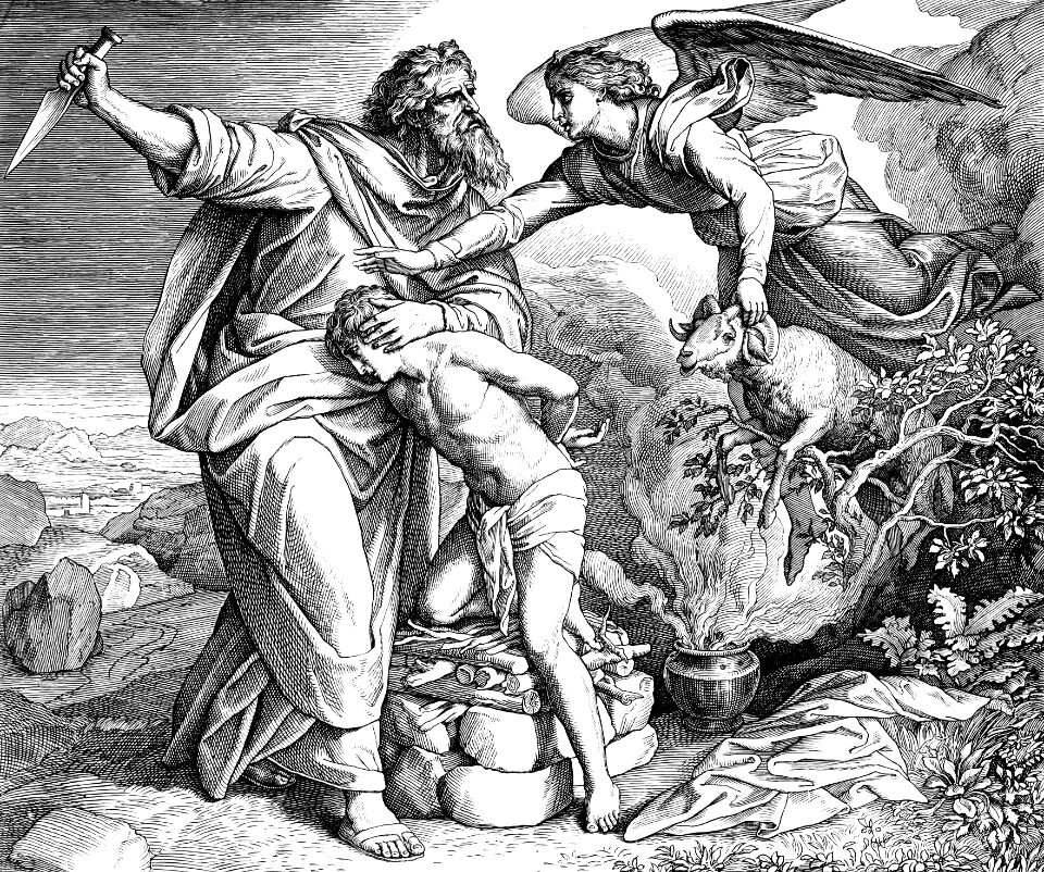 An old depiction of an angel forcibly stopping Abraham from murdering his son.